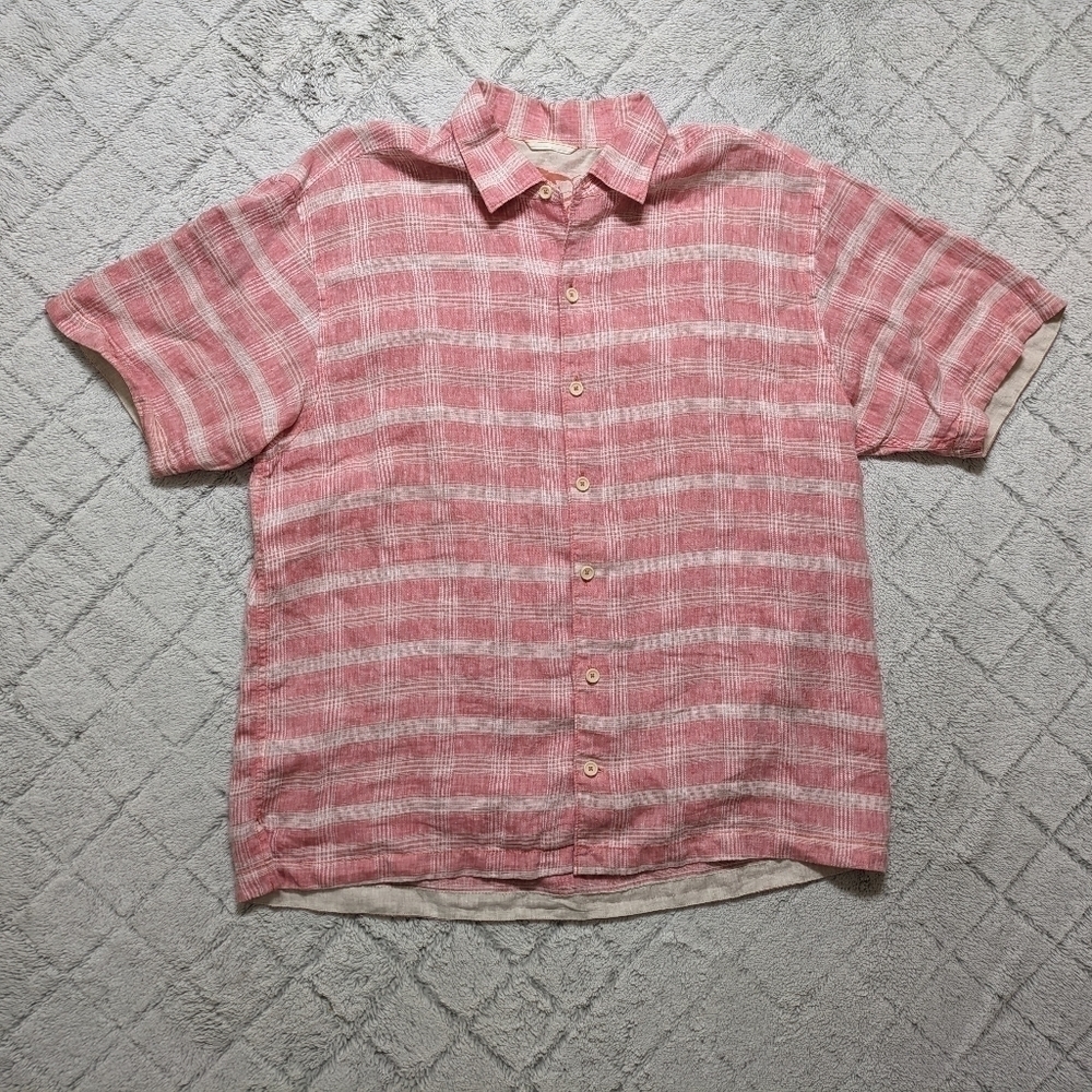 Tommy Bahama Shirt Men's XL Pink Plaid Linen Button Up Short Sleeve Beach